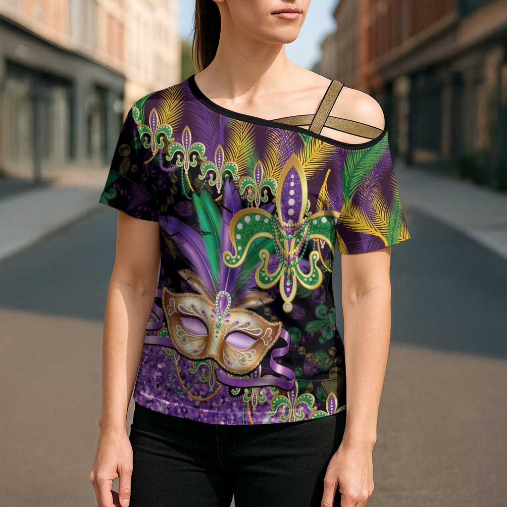 Fleur De Lis Mardi Gras Mask Cross Shoulder Shirt 504 NOLA Carnival Feathers Glitter Effect