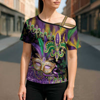 Fleur De Lis Mardi Gras Mask Cross Shoulder Shirt 504 NOLA Carnival Feathers Glitter Effect