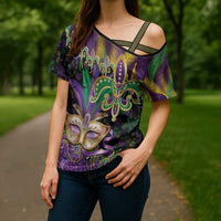 Fleur De Lis Mardi Gras Mask Cross Shoulder Shirt 504 NOLA Carnival Feathers Glitter Effect