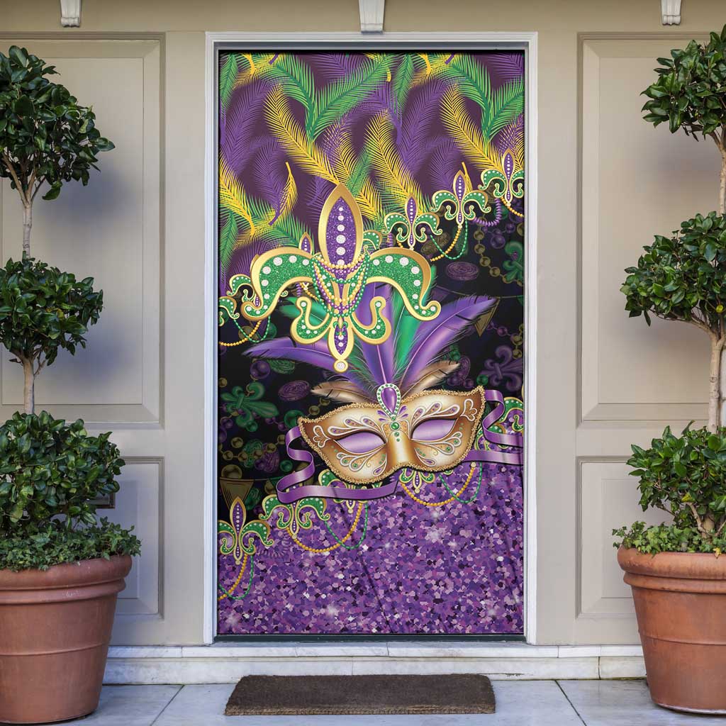 Fleur De Lis Mardi Gras Mask Door Cover 504 NOLA Carnival Feathers Glitter Effect