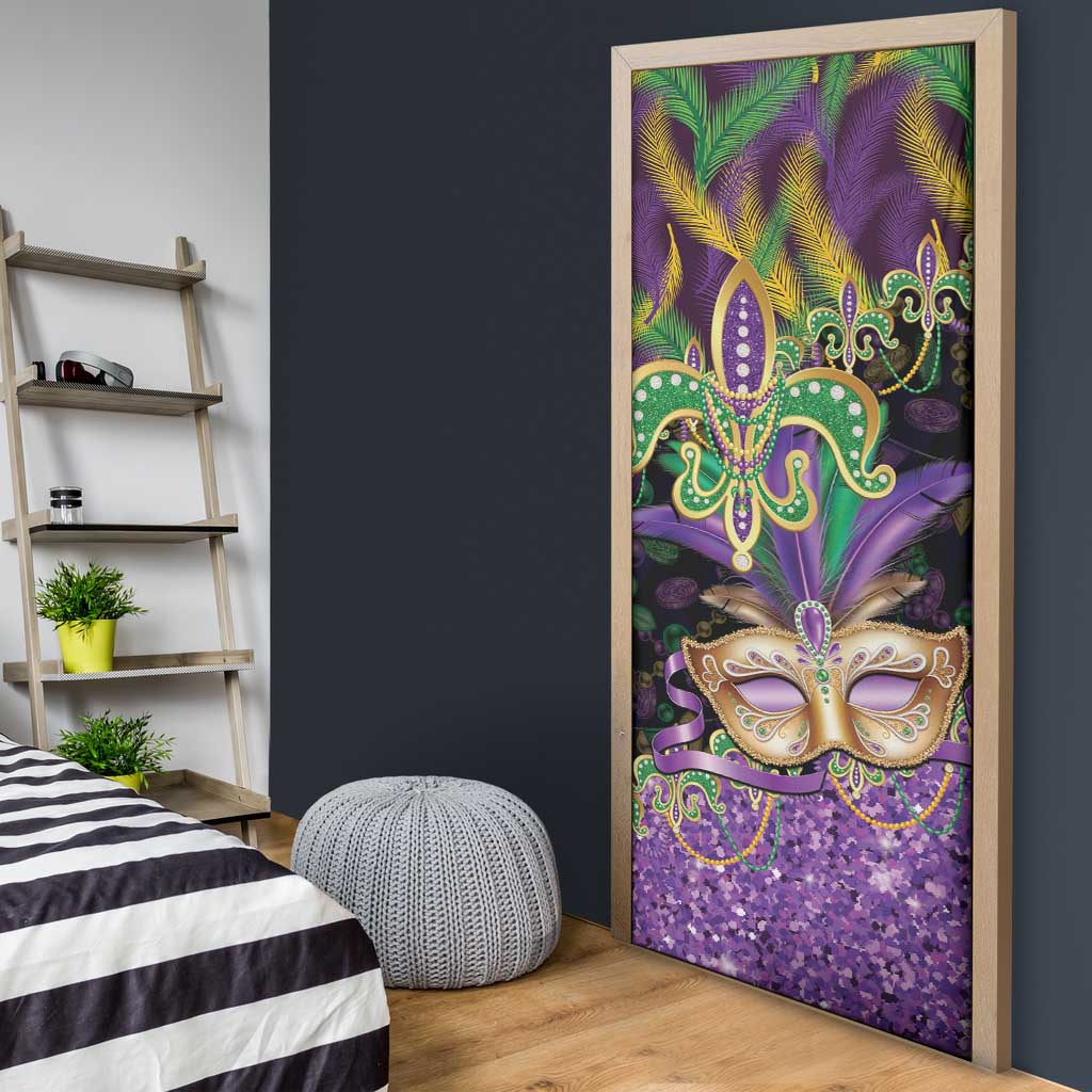 Fleur De Lis Mardi Gras Mask Door Cover 504 NOLA Carnival Feathers Glitter Effect