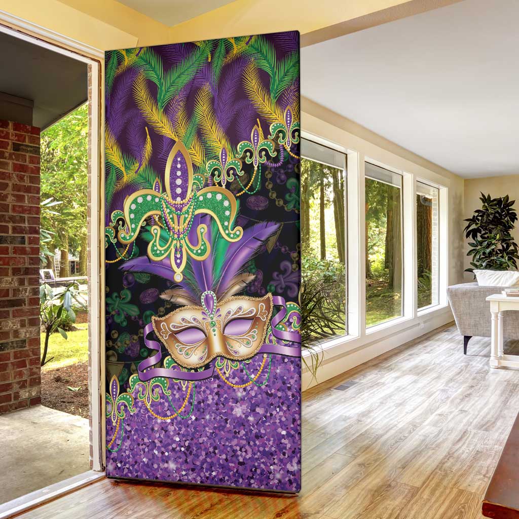Fleur De Lis Mardi Gras Mask Door Cover 504 NOLA Carnival Feathers Glitter Effect