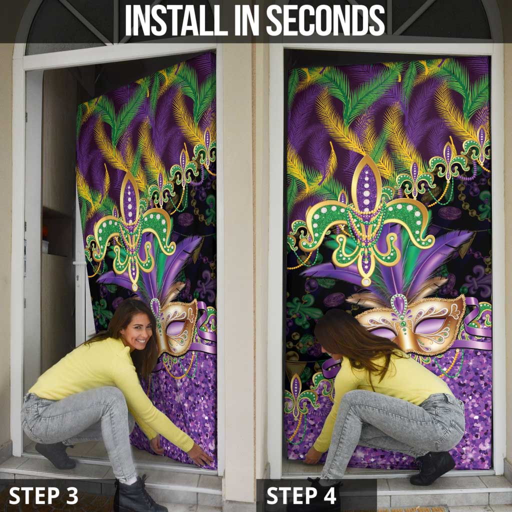 Fleur De Lis Mardi Gras Mask Door Cover 504 NOLA Carnival Feathers Glitter Effect