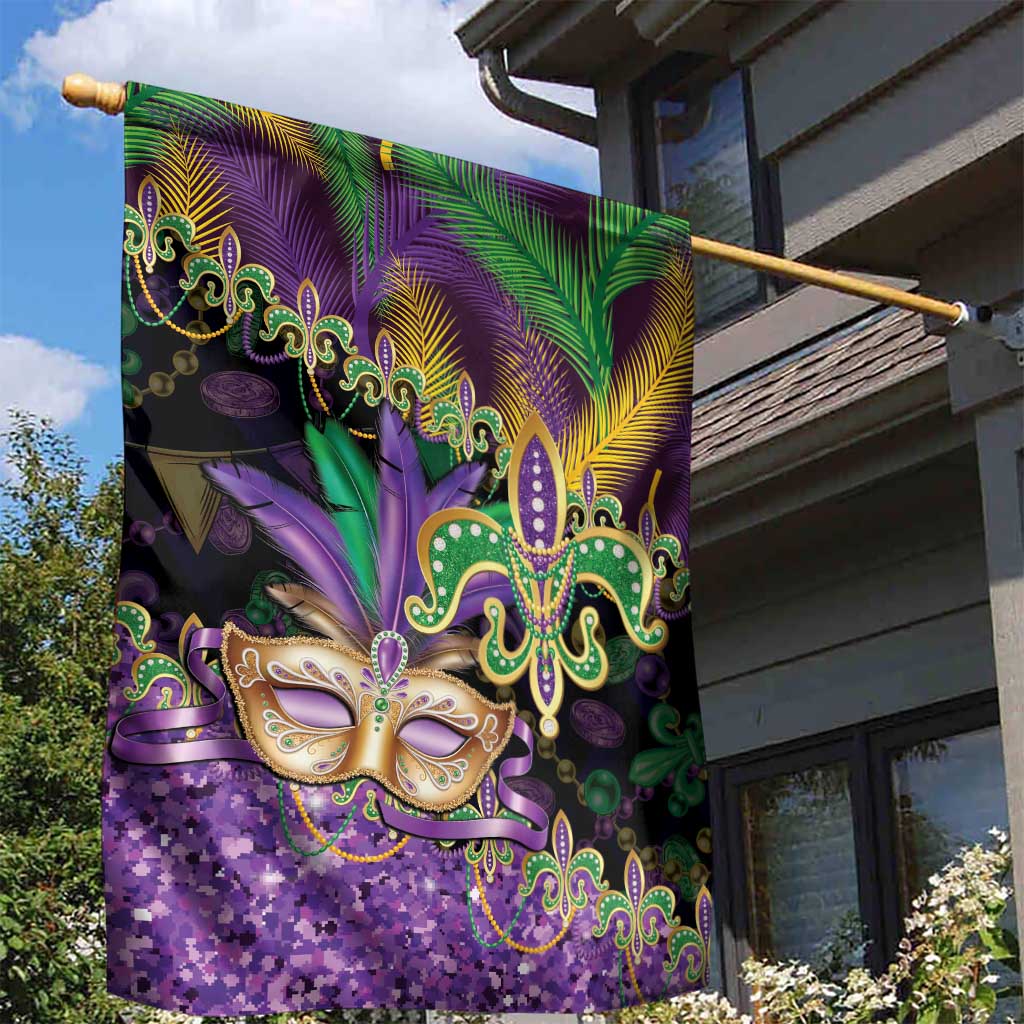 Fleur De Lis Mardi Gras Mask Garden Flag 504 NOLA Carnival Feathers Glitter Effect