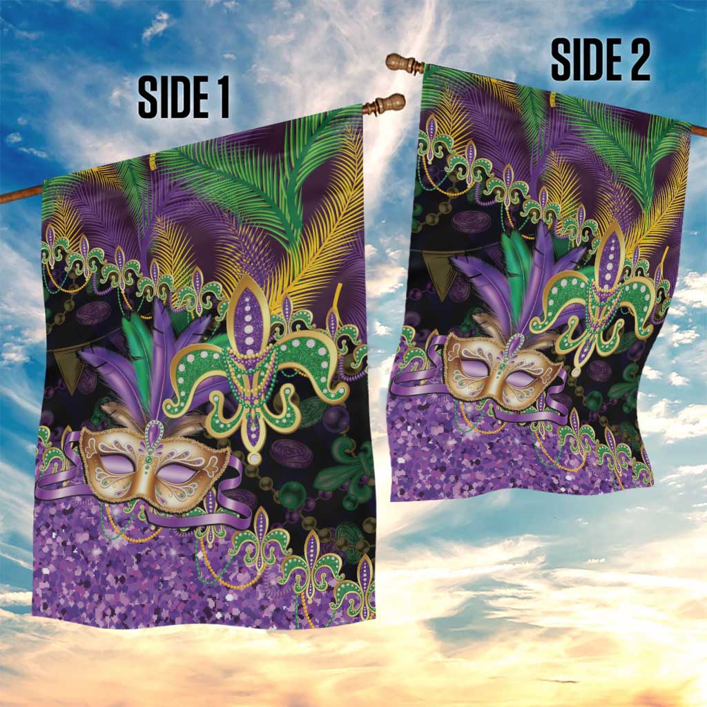 Fleur De Lis Mardi Gras Mask Garden Flag 504 NOLA Carnival Feathers Glitter Effect