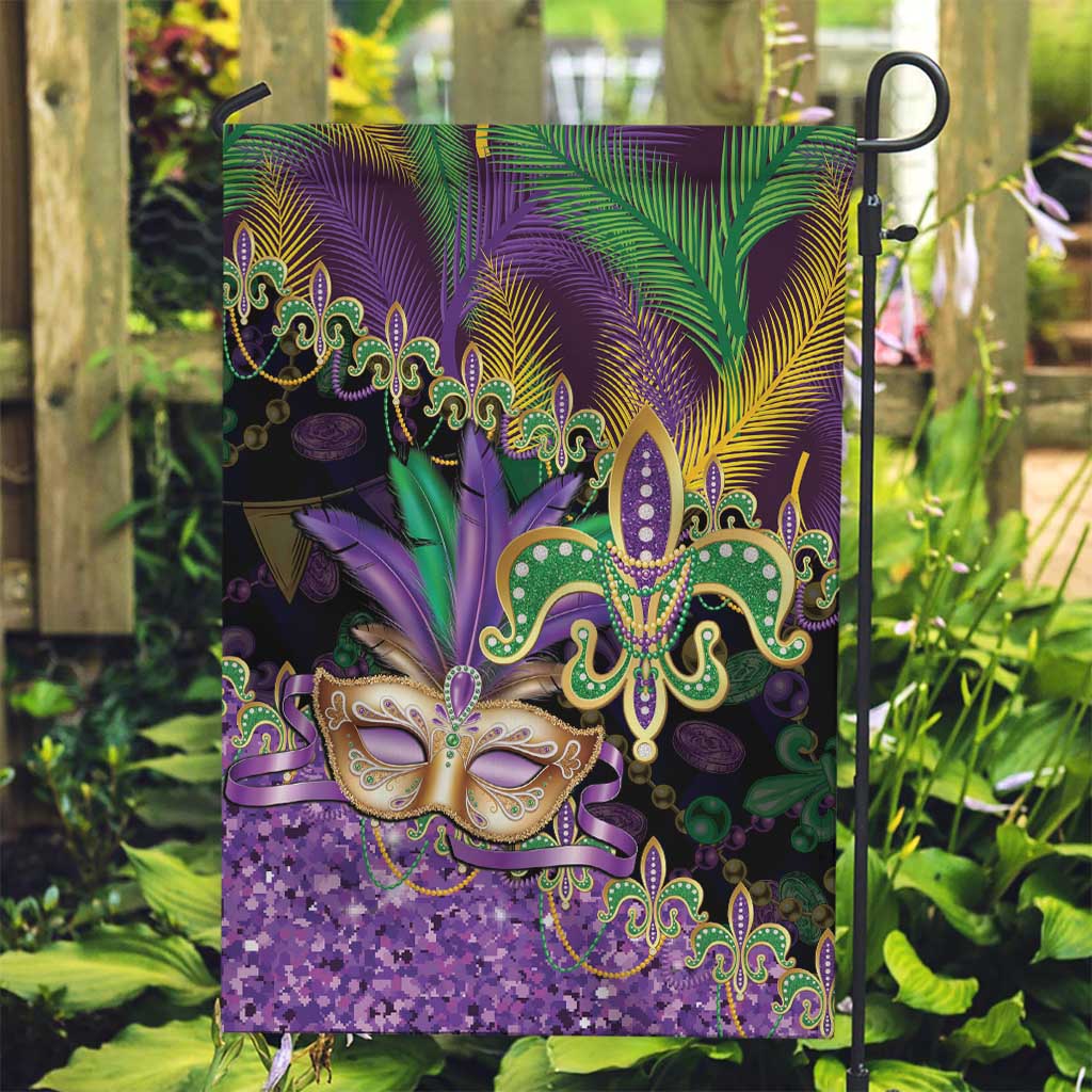 Fleur De Lis Mardi Gras Mask Garden Flag 504 NOLA Carnival Feathers Glitter Effect