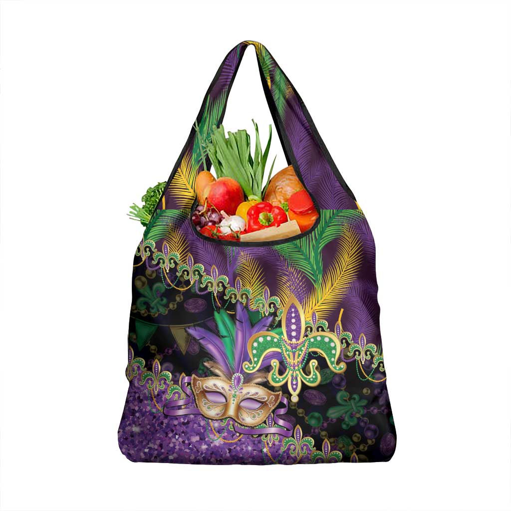 Fleur De Lis Mardi Gras Mask Grocery Bag 504 NOLA Carnival Feathers Glitter Effect