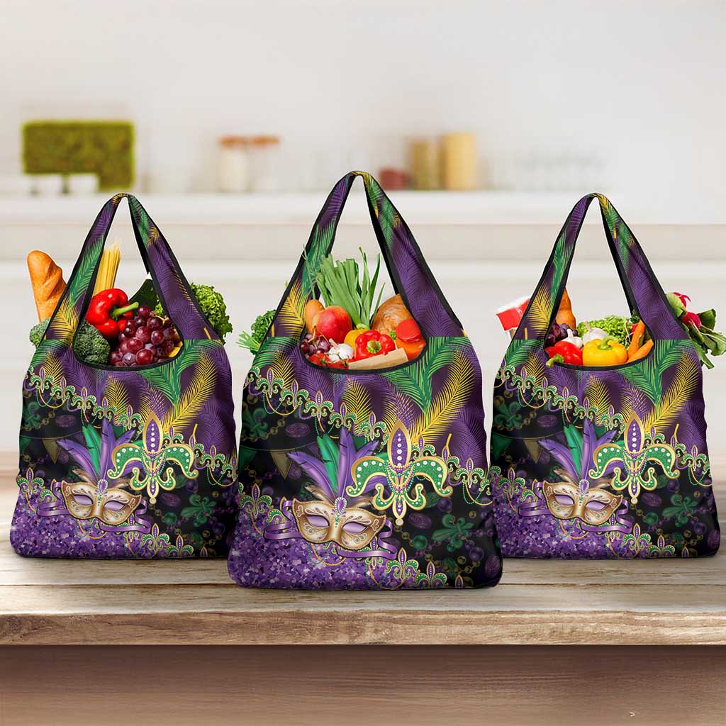 Fleur De Lis Mardi Gras Mask Grocery Bag 504 NOLA Carnival Feathers Glitter Effect