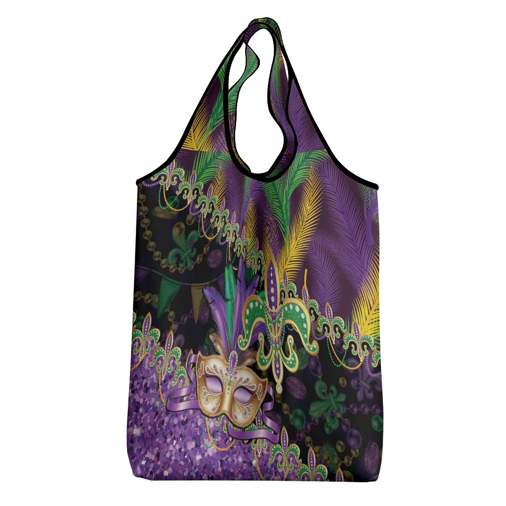 Fleur De Lis Mardi Gras Mask Grocery Bag 504 NOLA Carnival Feathers Glitter Effect