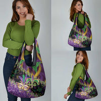 Fleur De Lis Mardi Gras Mask Grocery Bag 504 NOLA Carnival Feathers Glitter Effect