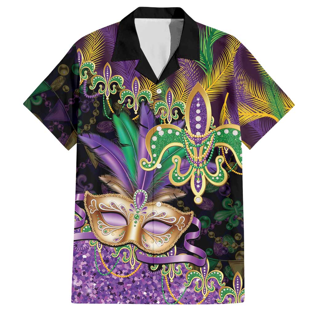 Fleur De Lis Mardi Gras Mask Hawaiian Shirt 504 NOLA Carnival Feathers Glitter Effect