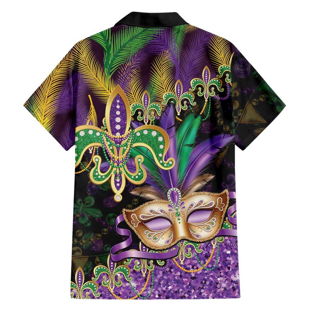 Fleur De Lis Mardi Gras Mask Hawaiian Shirt 504 NOLA Carnival Feathers Glitter Effect