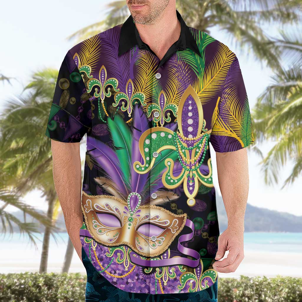 Fleur De Lis Mardi Gras Mask Hawaiian Shirt 504 NOLA Carnival Feathers Glitter Effect