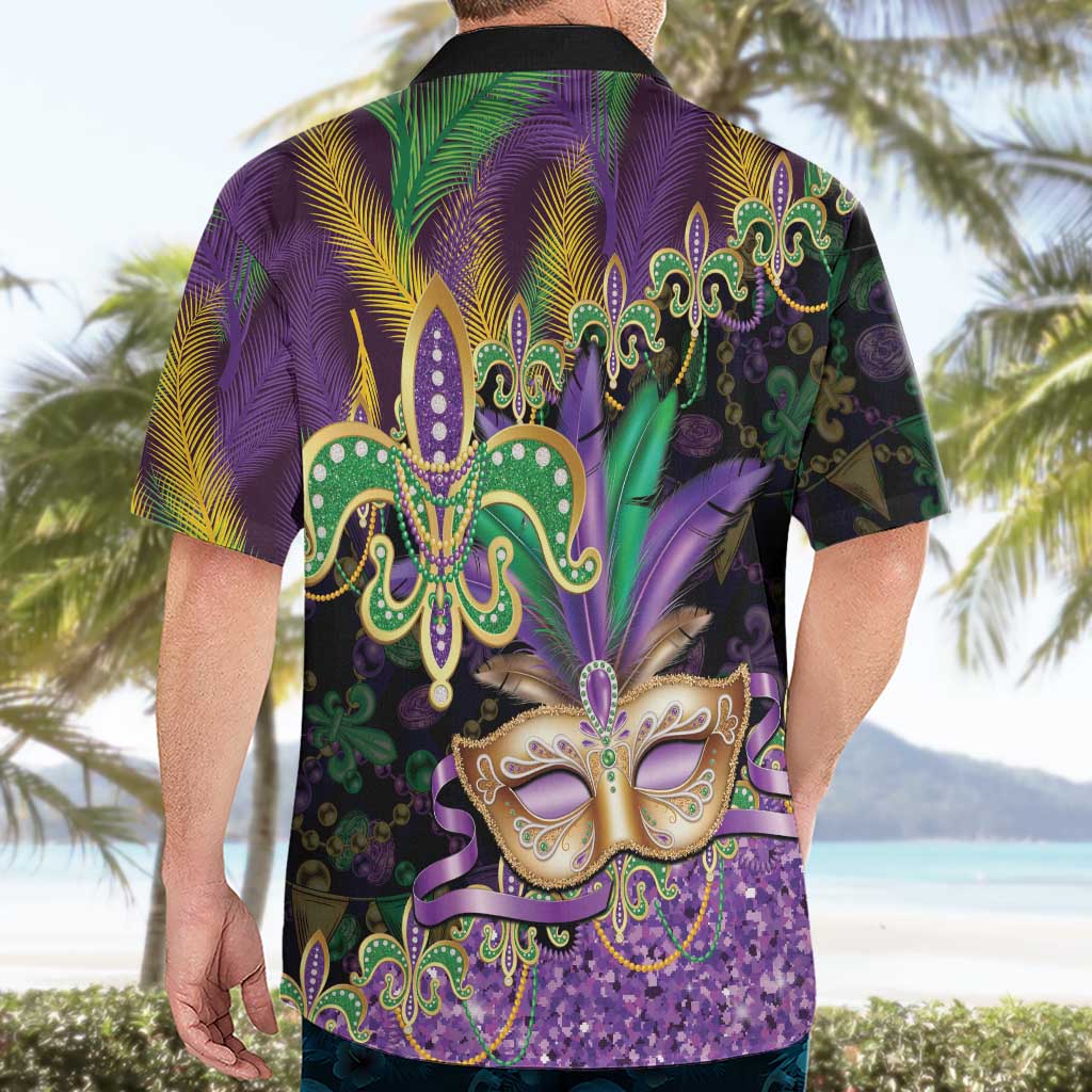 Fleur De Lis Mardi Gras Mask Hawaiian Shirt 504 NOLA Carnival Feathers Glitter Effect