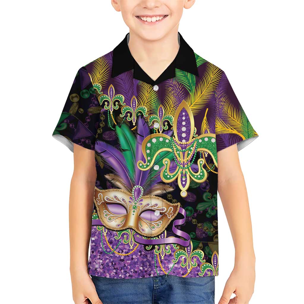 Fleur De Lis Mardi Gras Mask Hawaiian Shirt 504 NOLA Carnival Feathers Glitter Effect