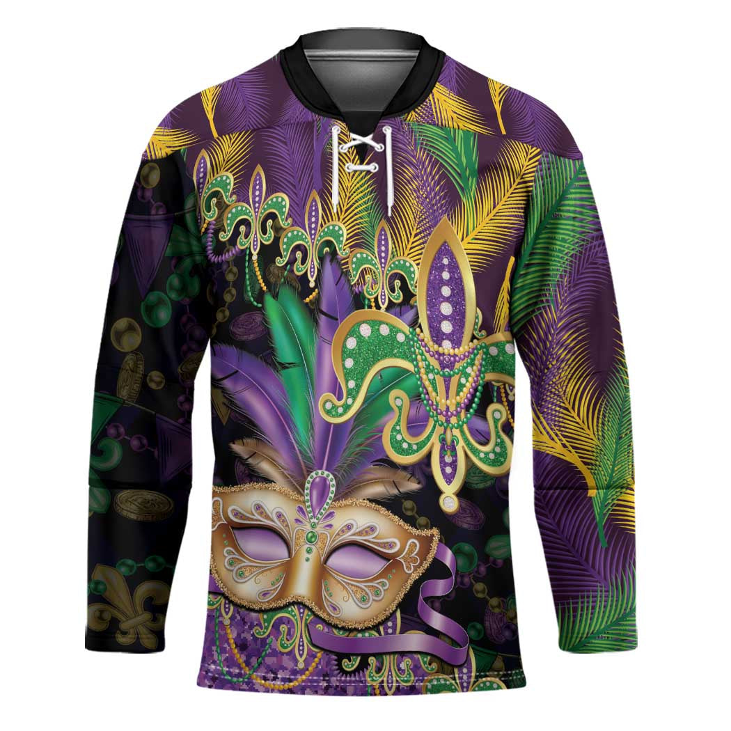 Fleur De Lis Mardi Gras Mask Hockey Jersey 504 NOLA Carnival Feathers Glitter Effect