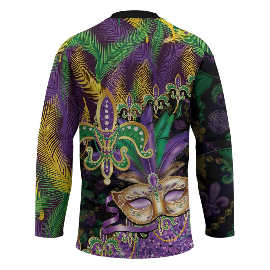 Fleur De Lis Mardi Gras Mask Hockey Jersey 504 NOLA Carnival Feathers Glitter Effect