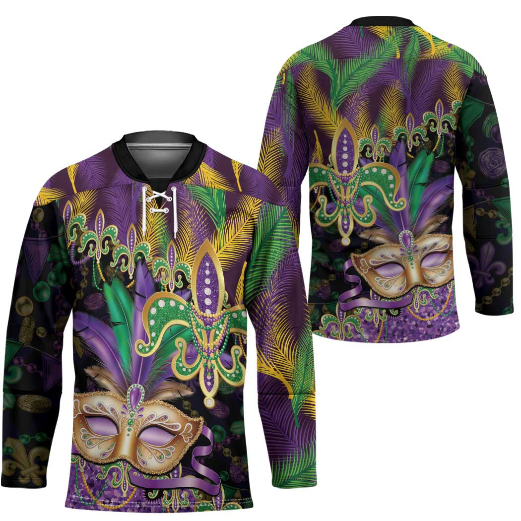 Fleur De Lis Mardi Gras Mask Hockey Jersey 504 NOLA Carnival Feathers Glitter Effect