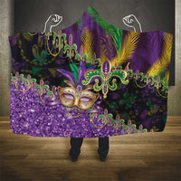 Fleur De Lis Mardi Gras Mask Hooded Blanket 504 NOLA Carnival Feathers Glitter Effect