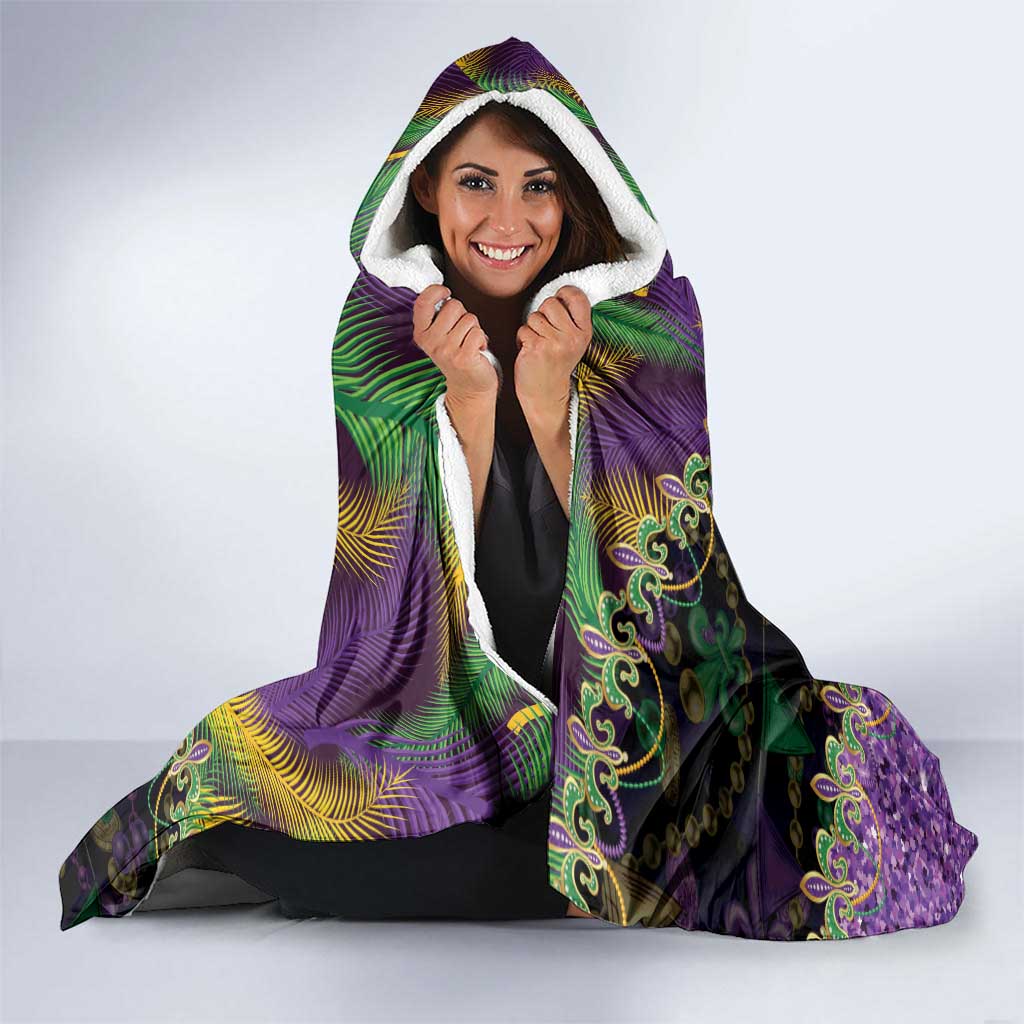 Fleur De Lis Mardi Gras Mask Hooded Blanket 504 NOLA Carnival Feathers Glitter Effect