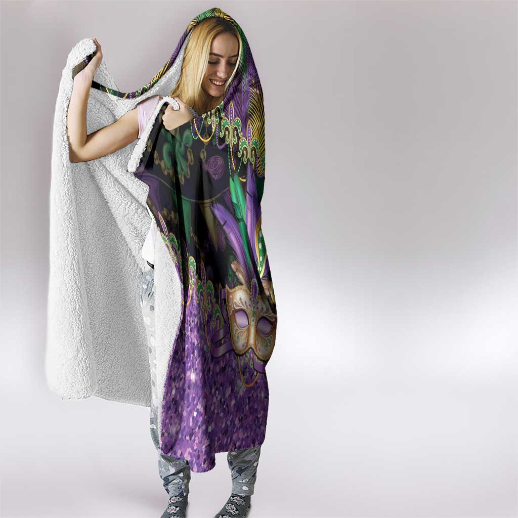 Fleur De Lis Mardi Gras Mask Hooded Blanket 504 NOLA Carnival Feathers Glitter Effect