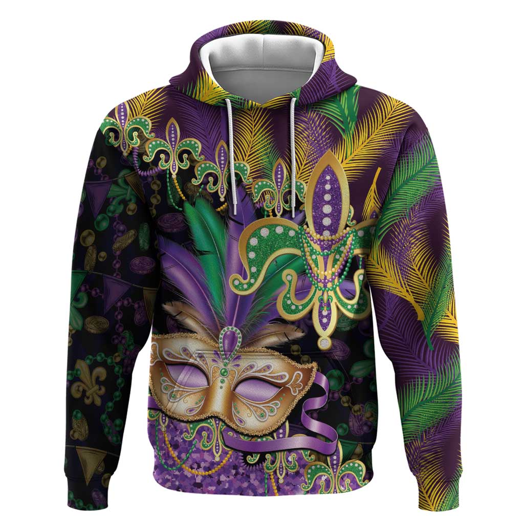 Fleur De Lis Mardi Gras Mask Hoodie 504 NOLA Carnival Feathers Glitter Effect