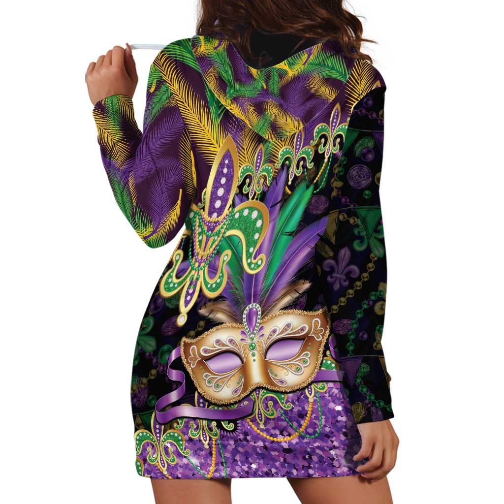 Fleur De Lis Mardi Gras Mask Hoodie Dress 504 NOLA Carnival Feathers Glitter Effect