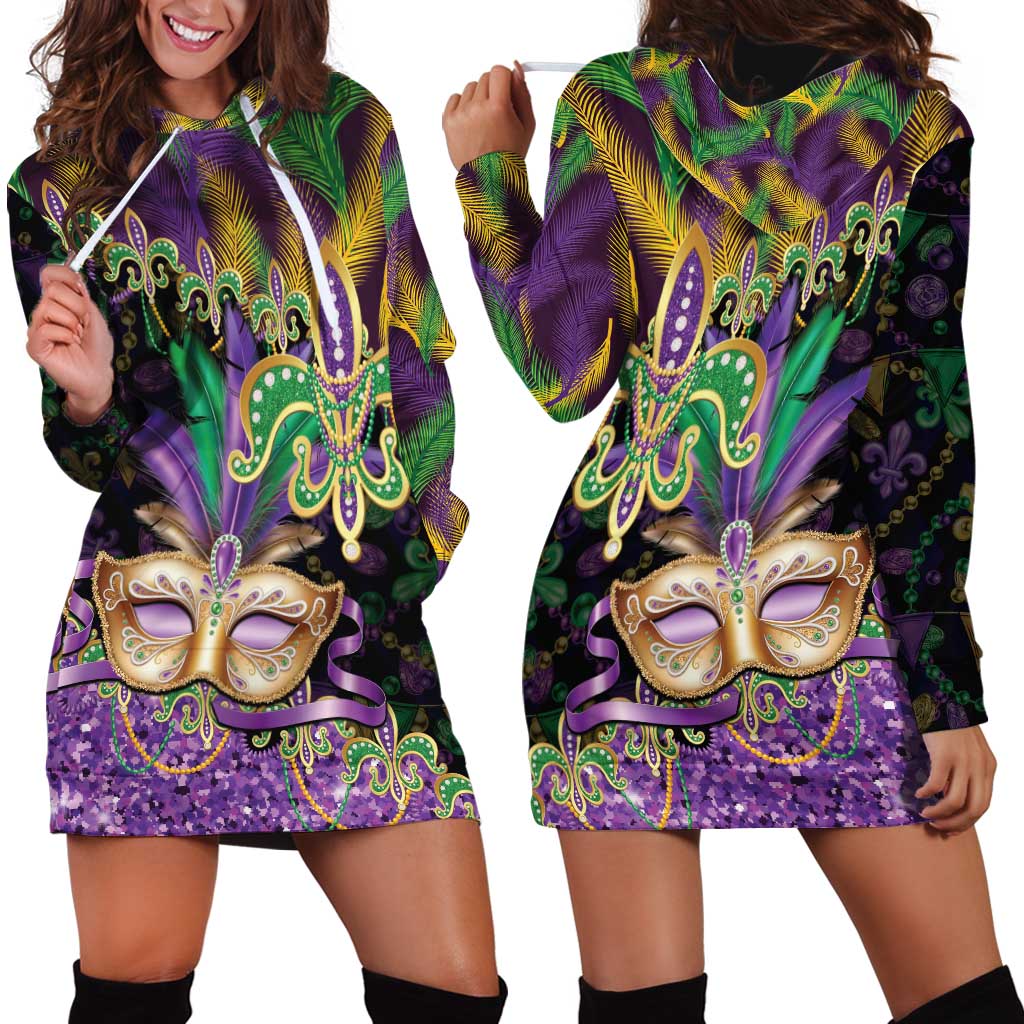 Fleur De Lis Mardi Gras Mask Hoodie Dress 504 NOLA Carnival Feathers Glitter Effect