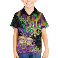 Fleur De Lis Mardi Gras Mask Kid Hawaiian Shirt 504 NOLA Carnival Feathers Glitter Effect