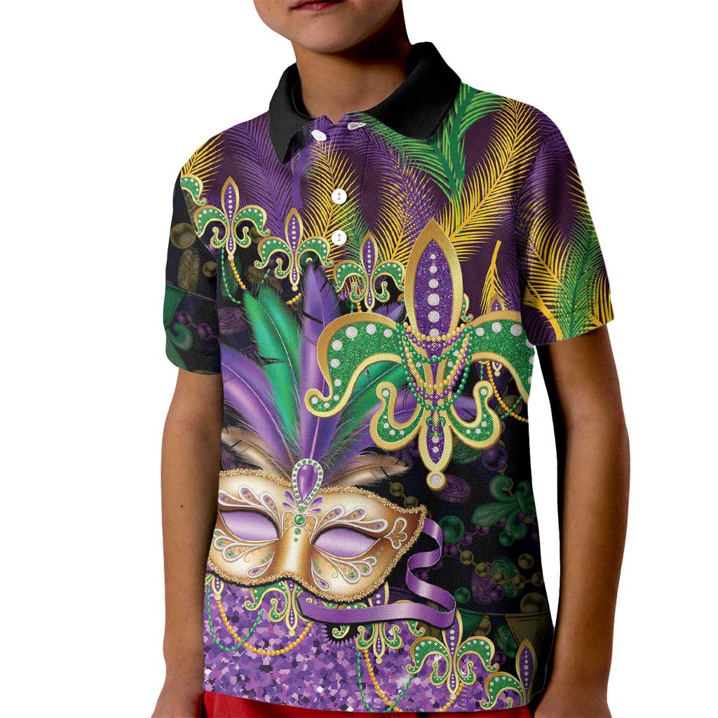 Fleur De Lis Mardi Gras Mask Kid Polo Shirt 504 NOLA Carnival Feathers Glitter Effect