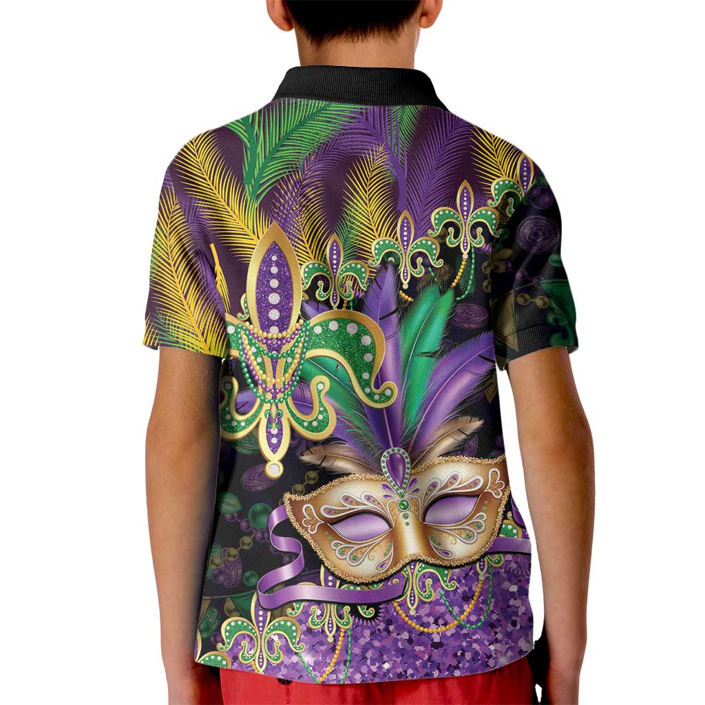 Fleur De Lis Mardi Gras Mask Kid Polo Shirt 504 NOLA Carnival Feathers Glitter Effect