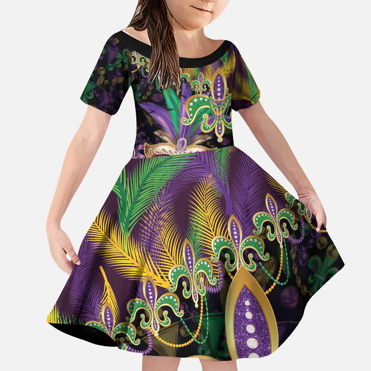 Fleur De Lis Mardi Gras Mask Kid Short Sleeve Dress 504 NOLA Carnival Feathers Glitter Effect