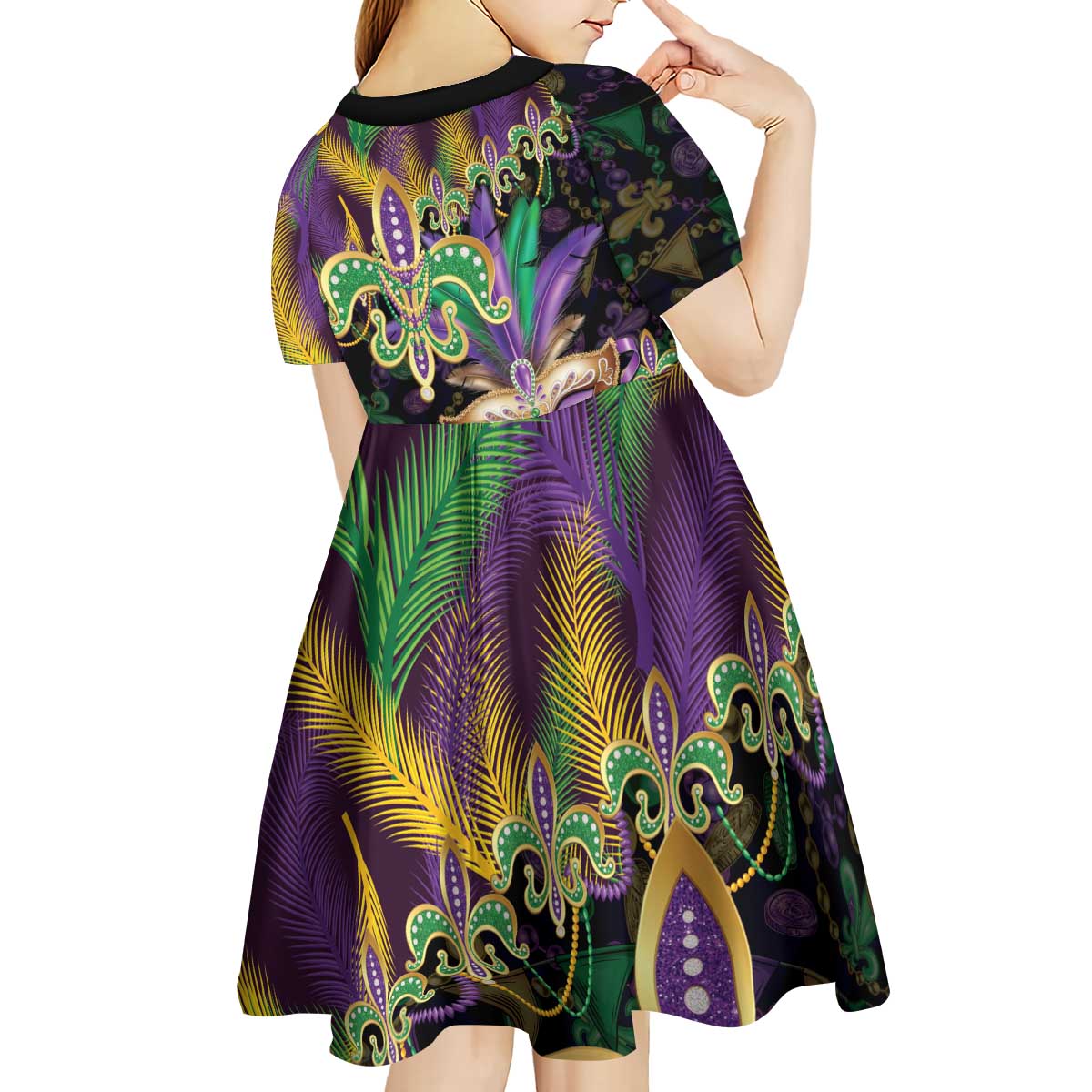 Fleur De Lis Mardi Gras Mask Kid Short Sleeve Dress 504 NOLA Carnival Feathers Glitter Effect