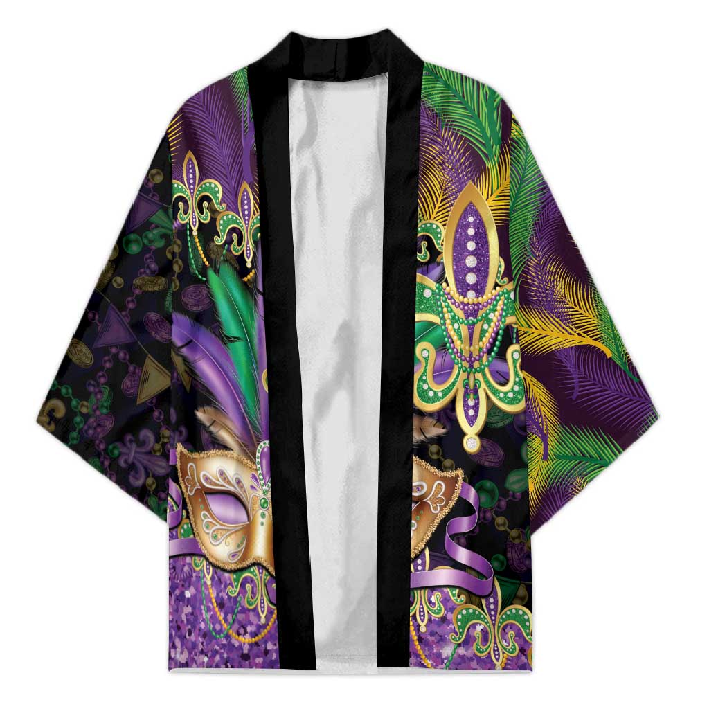 Fleur De Lis Mardi Gras Mask Kimono 504 NOLA Carnival Feathers Glitter Effect