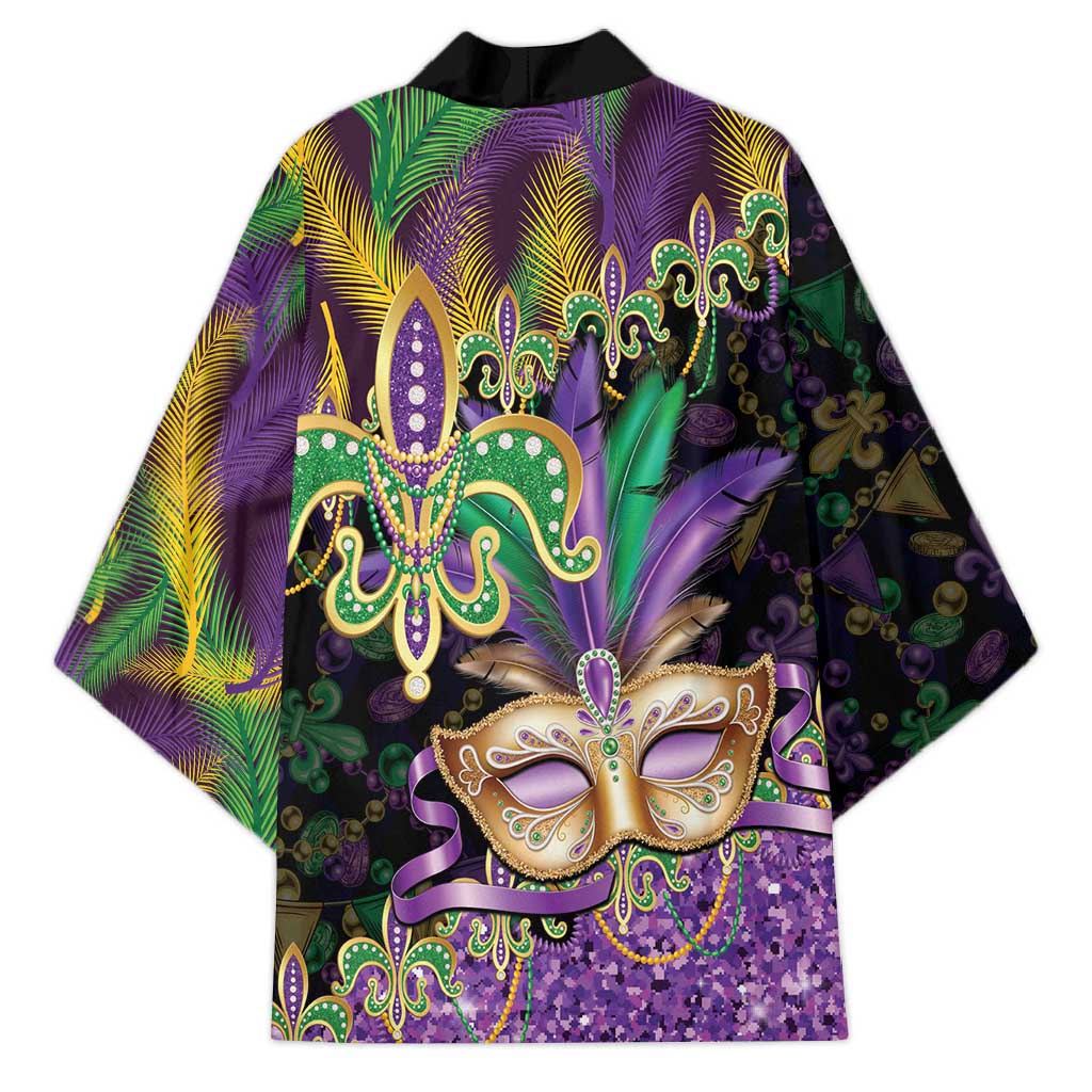 Fleur De Lis Mardi Gras Mask Kimono 504 NOLA Carnival Feathers Glitter Effect