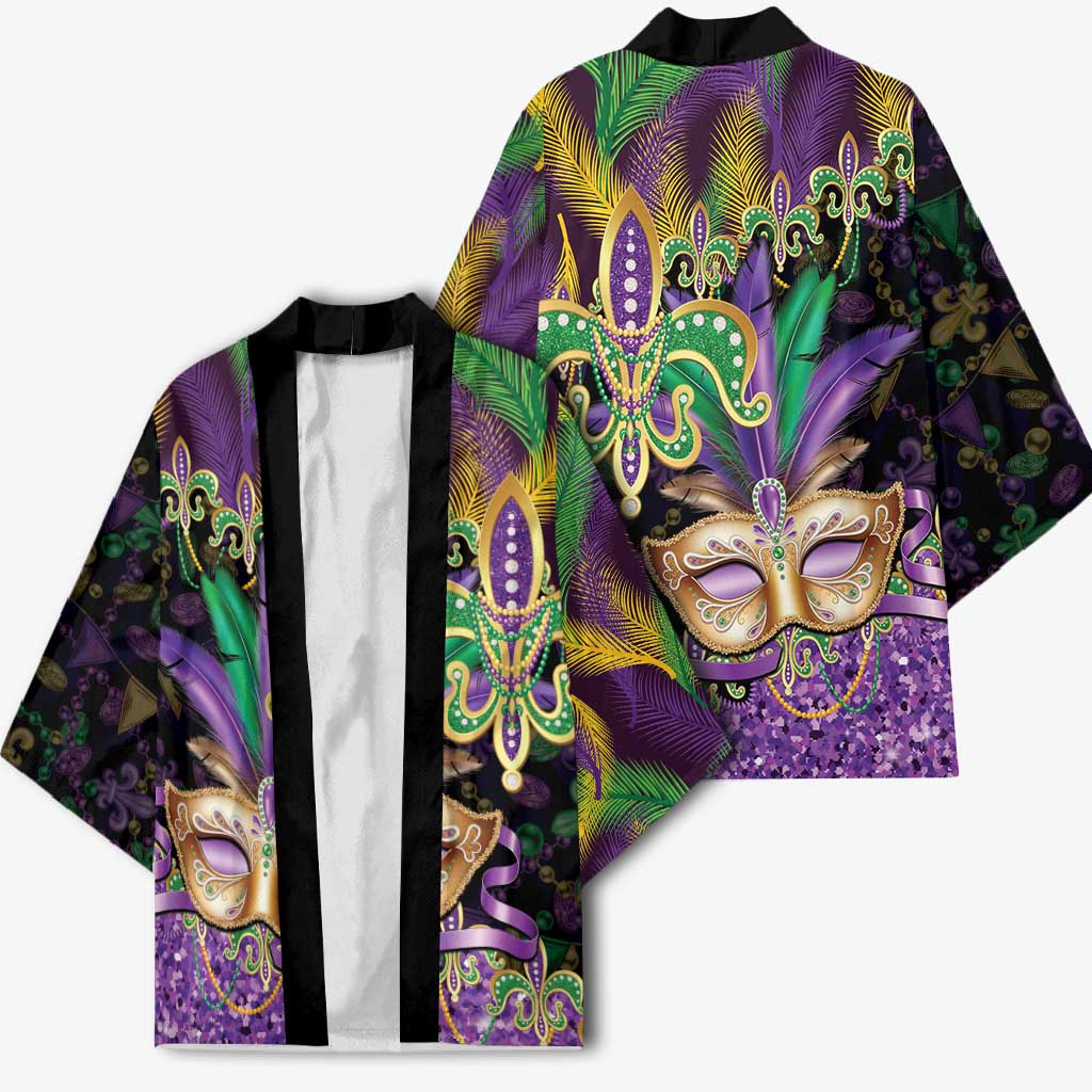 Fleur De Lis Mardi Gras Mask Kimono 504 NOLA Carnival Feathers Glitter Effect