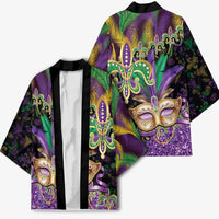 Fleur De Lis Mardi Gras Mask Kimono 504 NOLA Carnival Feathers Glitter Effect