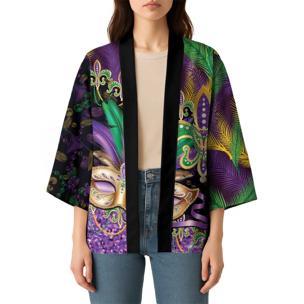 Fleur De Lis Mardi Gras Mask Kimono 504 NOLA Carnival Feathers Glitter Effect