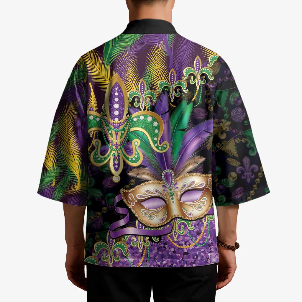 Fleur De Lis Mardi Gras Mask Kimono 504 NOLA Carnival Feathers Glitter Effect