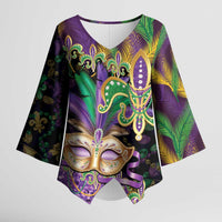 Fleur De Lis Mardi Gras Mask Kimono Sleeve Blouse 504 NOLA Carnival Feathers Glitter Effect