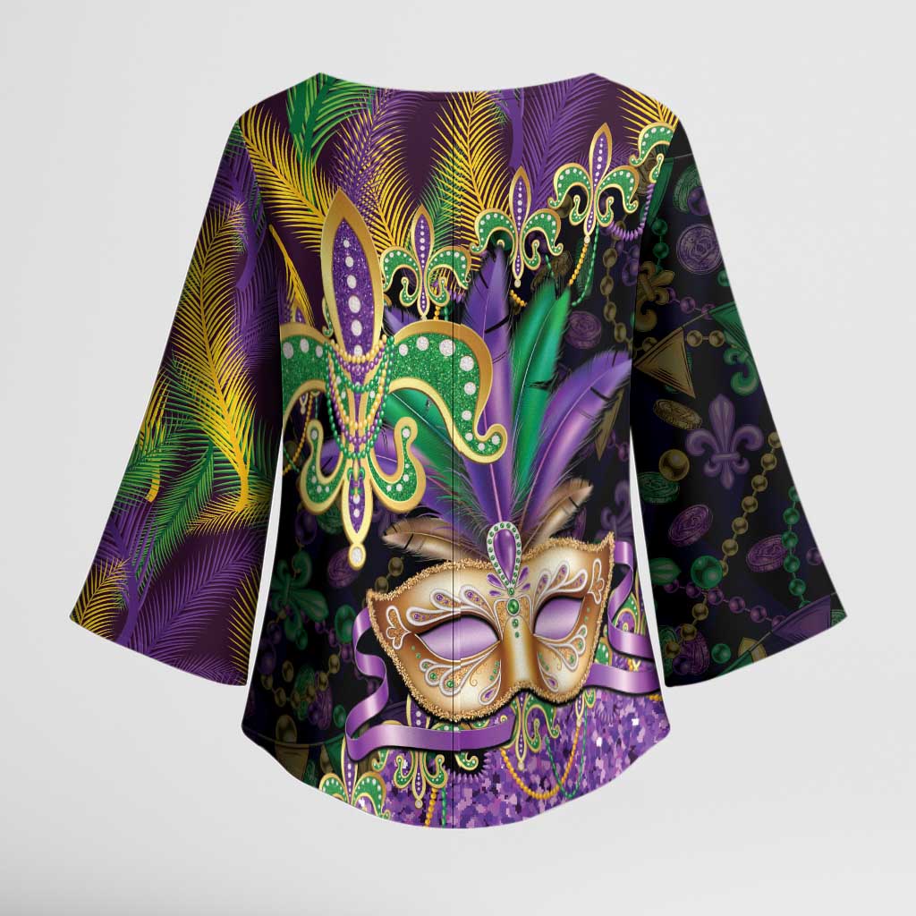 Fleur De Lis Mardi Gras Mask Kimono Sleeve Blouse 504 NOLA Carnival Feathers Glitter Effect