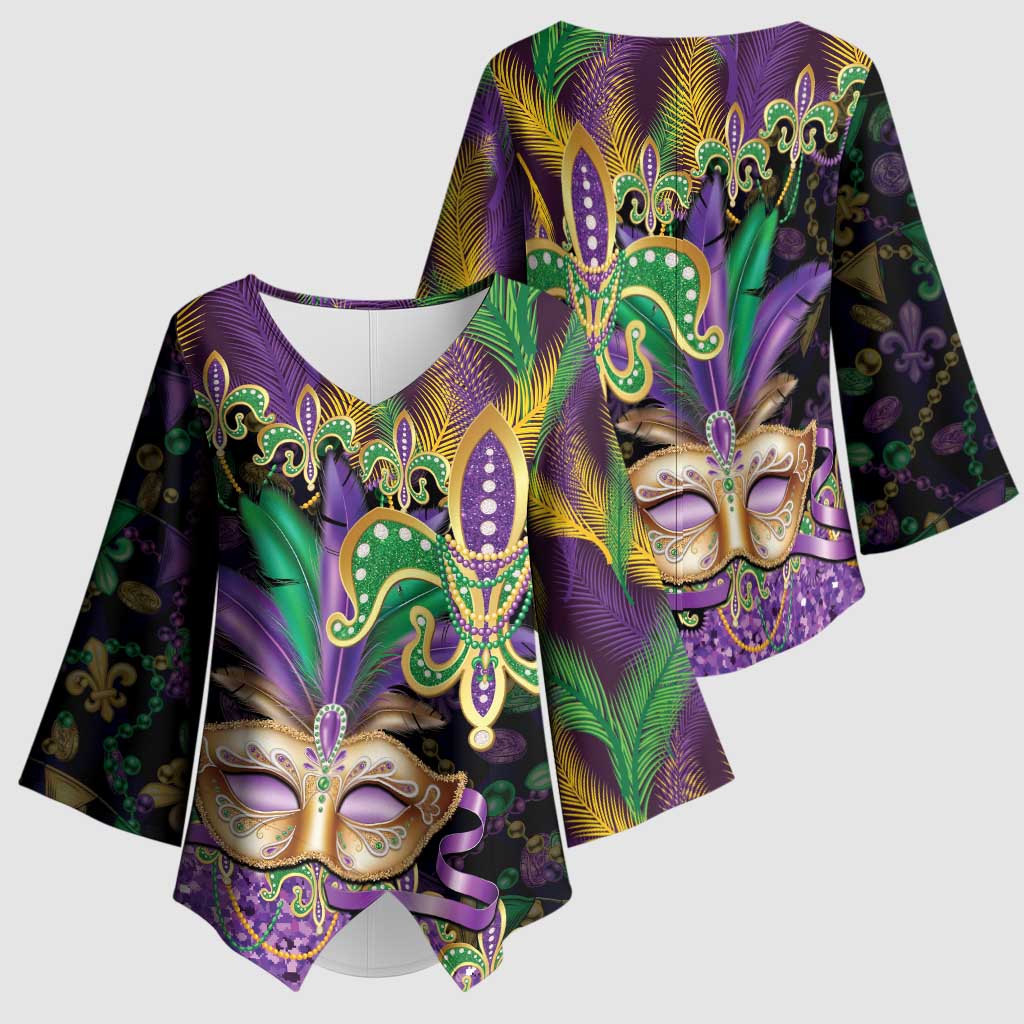 Fleur De Lis Mardi Gras Mask Kimono Sleeve Blouse 504 NOLA Carnival Feathers Glitter Effect