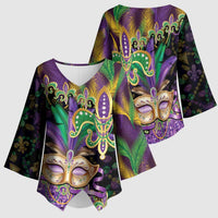 Fleur De Lis Mardi Gras Mask Kimono Sleeve Blouse 504 NOLA Carnival Feathers Glitter Effect