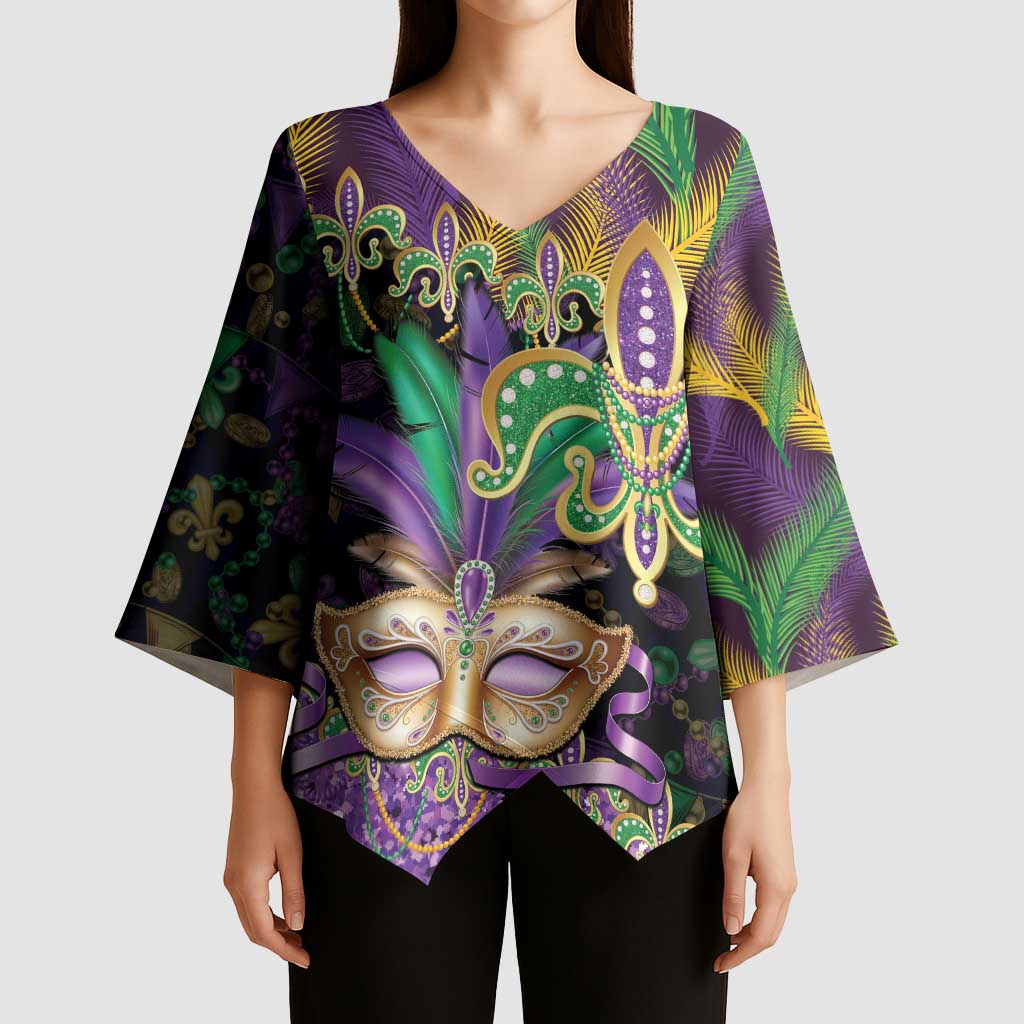 Fleur De Lis Mardi Gras Mask Kimono Sleeve Blouse 504 NOLA Carnival Feathers Glitter Effect