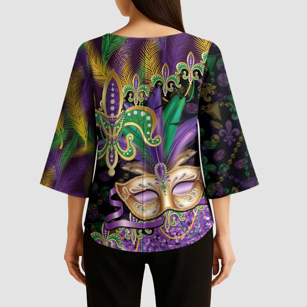 Fleur De Lis Mardi Gras Mask Kimono Sleeve Blouse 504 NOLA Carnival Feathers Glitter Effect