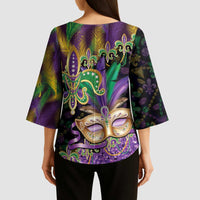 Fleur De Lis Mardi Gras Mask Kimono Sleeve Blouse 504 NOLA Carnival Feathers Glitter Effect