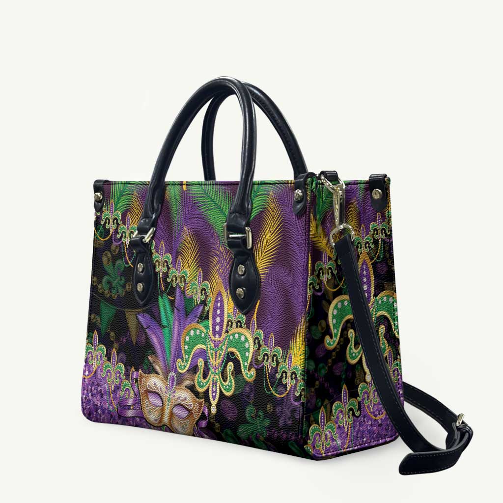 Fleur De Lis Mardi Gras Mask Leather Bag 504 NOLA Carnival Feathers Glitter Effect
