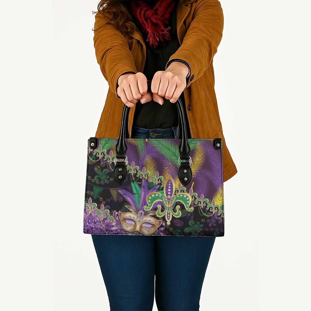 Fleur De Lis Mardi Gras Mask Leather Bag 504 NOLA Carnival Feathers Glitter Effect