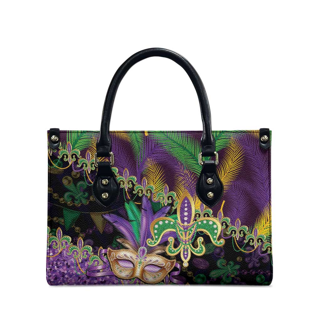 Fleur De Lis Mardi Gras Mask Leather Bag 504 NOLA Carnival Feathers Glitter Effect