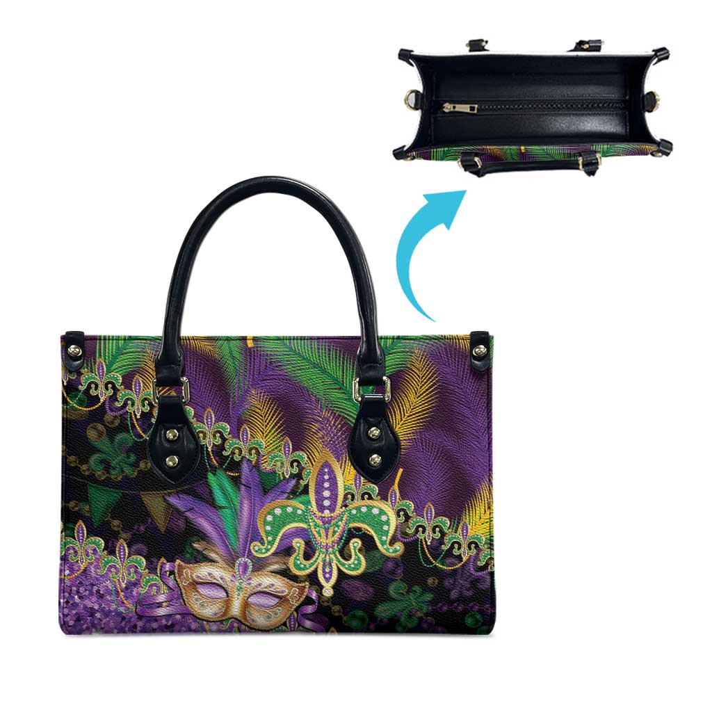 Fleur De Lis Mardi Gras Mask Leather Bag 504 NOLA Carnival Feathers Glitter Effect